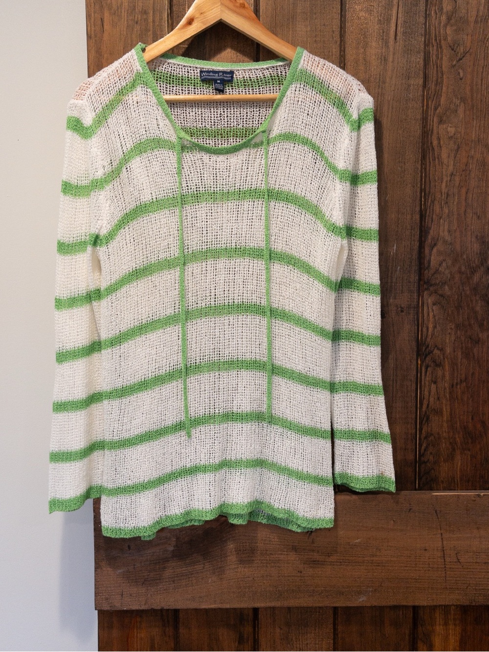 Winding River White & Green Loose Weave Striped Summer Beach Sweater Medium